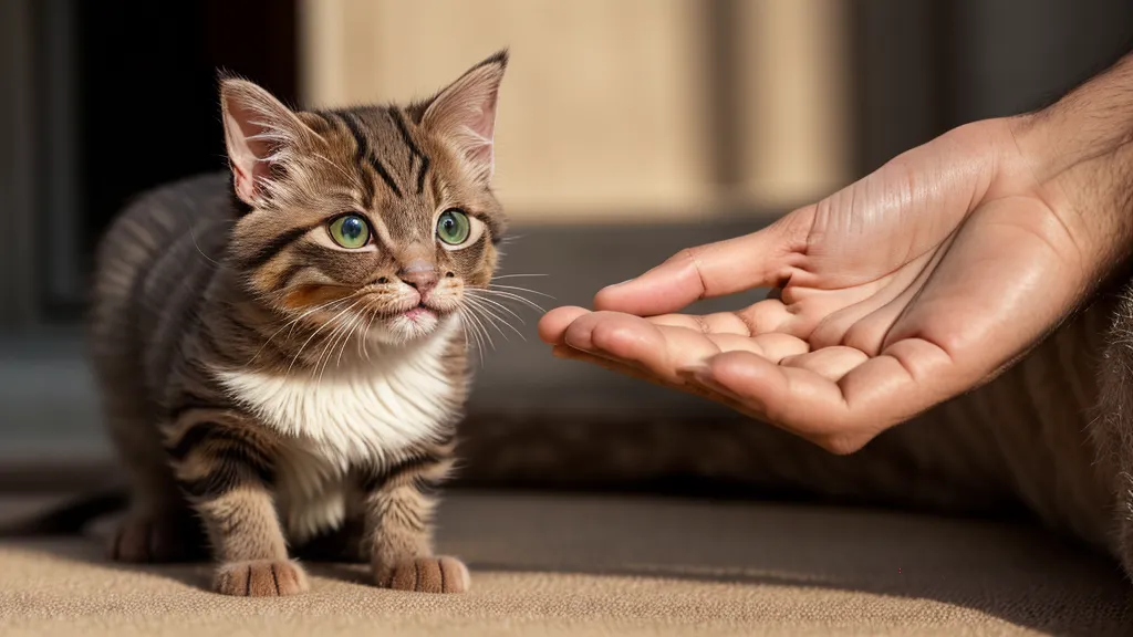 Main tendue avec une friandise pour associer le mot tapis au bien-être du chat