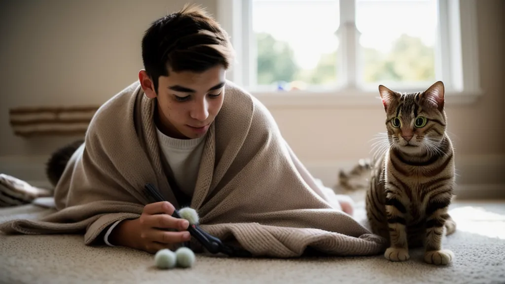 Gros plan sur une main tenant une croquette pour capter l'attention du chat pendant un exercice de patience