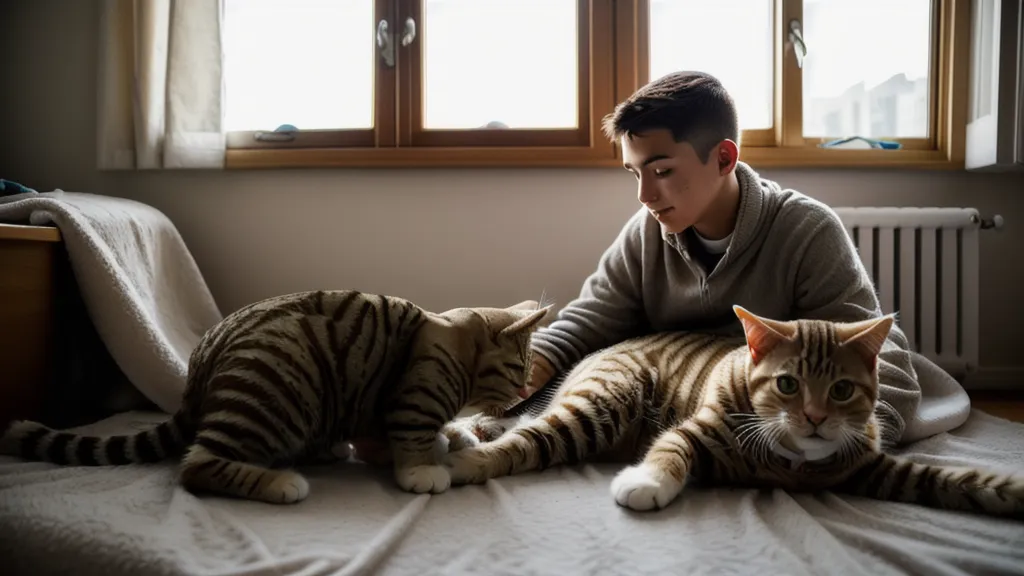 Une main pose doucement une gamelle au sol devant un chat qui attend sagement, résultat d'une éducation positive au quotidien