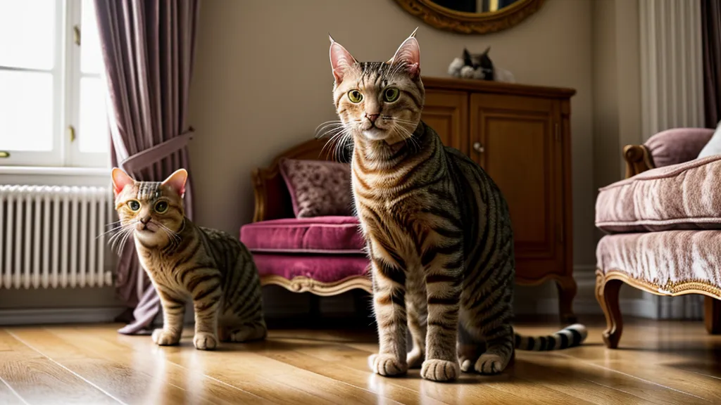 Chat tigré en équilibre sur ses pattes arrière, faisant le beau grâce à l'éducation positive.