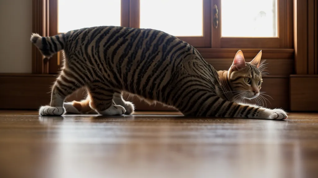 Chat s'étirant pour montrer sa souplesse, un mouvement proche du faire le beau en éducation positive.