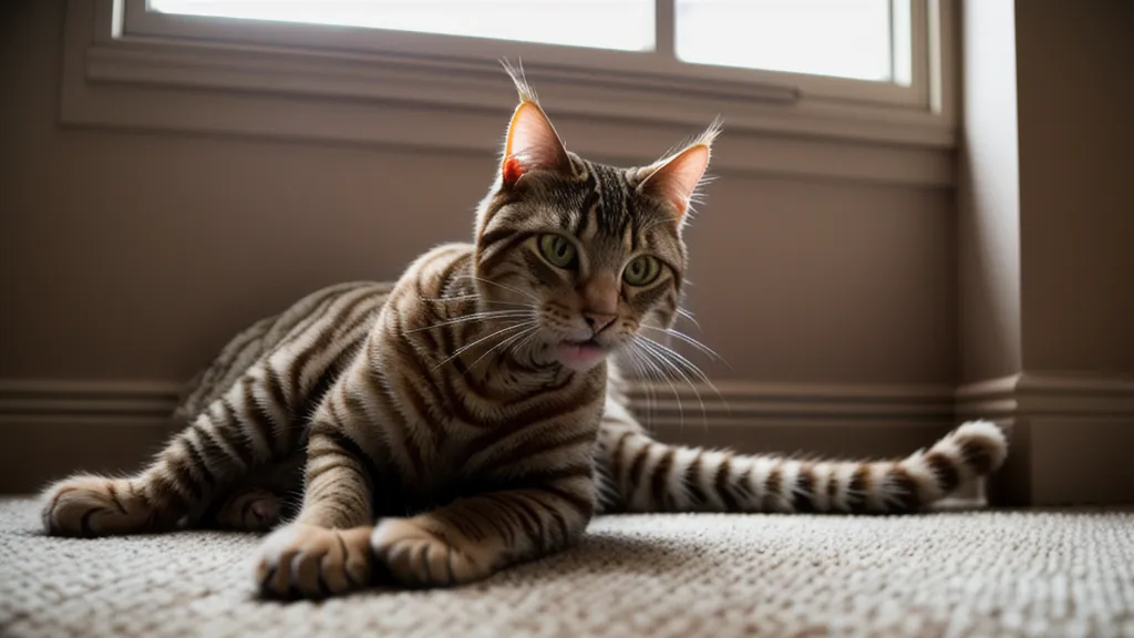 Chat qui se toilette la patte, pause pendant une séance d'éducation à la maison