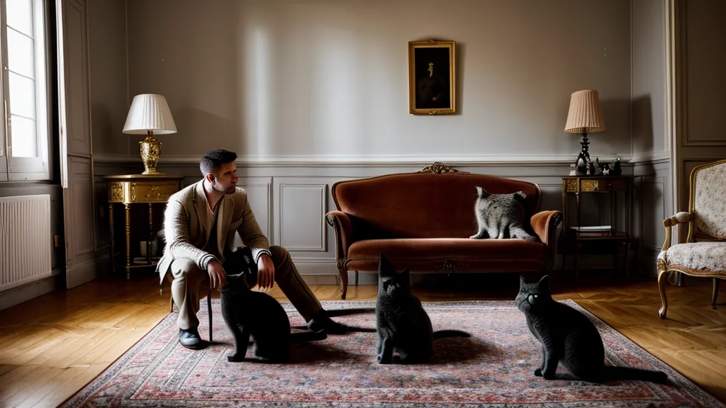 Séance d'éducation calme en soirée avec un chat dans un appartement, astuce pour capter son attention