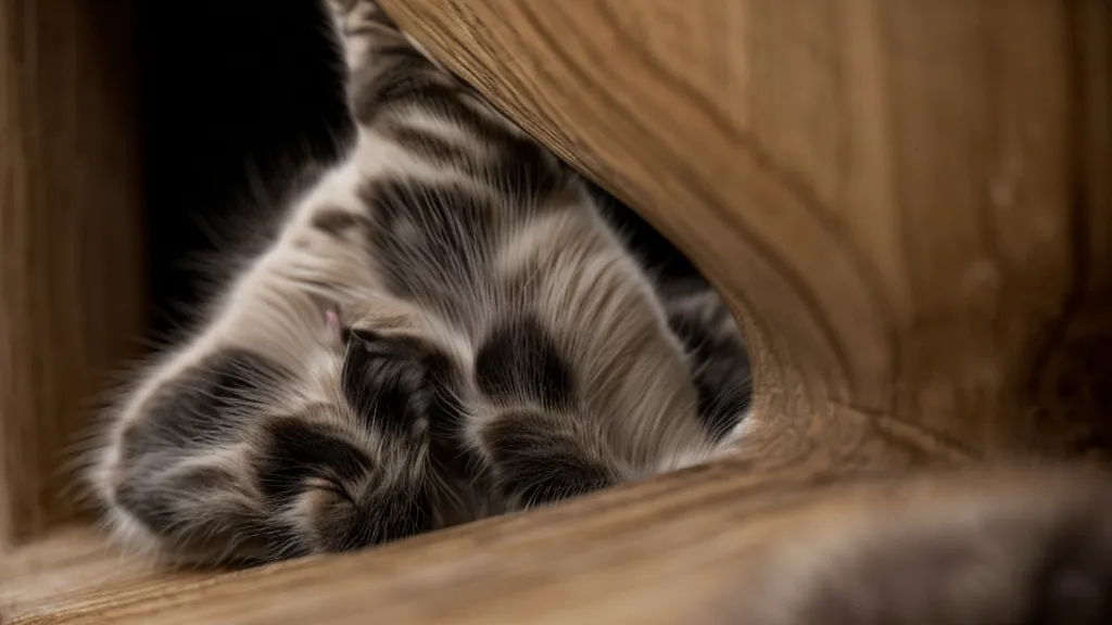 Gros plan sur la patte d'un chat qui passe dans l'entrebâillement d'une porte pendant une séance de renforcement positif