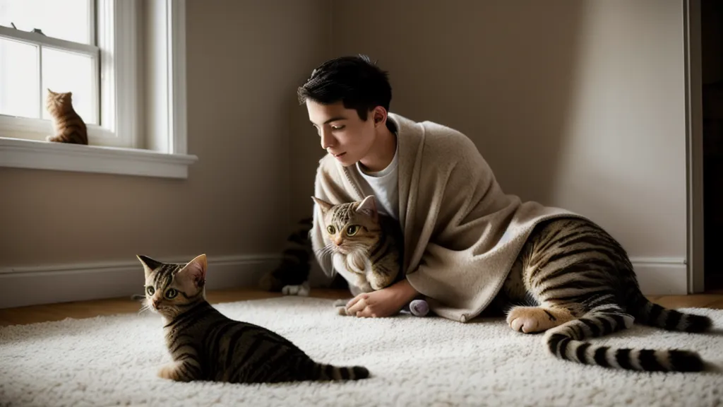Pattes d'un chat posées avec précaution sur un jean, premier geste de complicité entre chat et humain