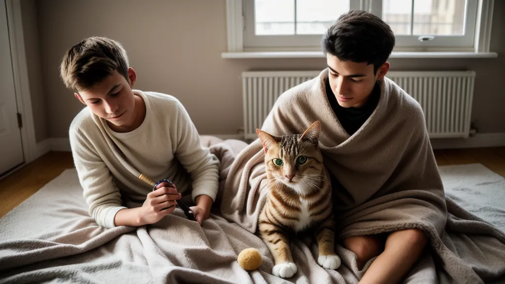 Chat installé sur un plaid posé sur les genoux, signe de confiance et de bien-être animal
