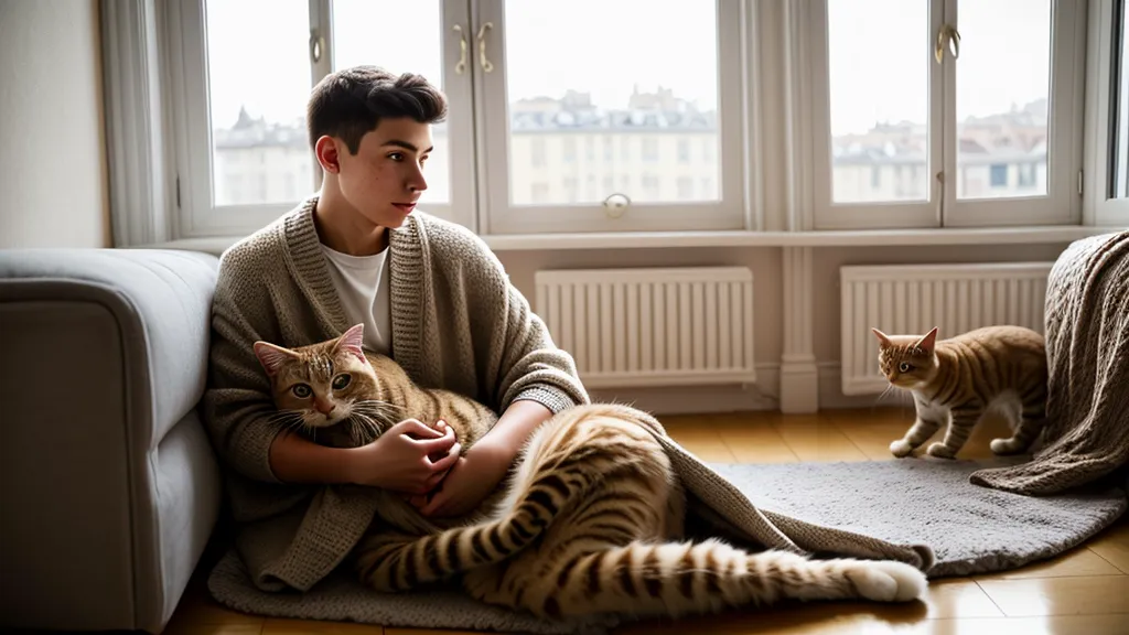 Chat timide qui observe depuis sa cachette sous un meuble, premier signe de confiance pendant une séance d'éducation positive
