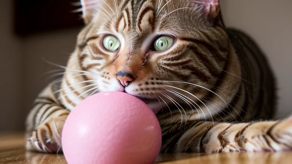 Chat qui touche du bout du nez la balle de ping-pong fixée à la baguette-cible pendant une séance de target training