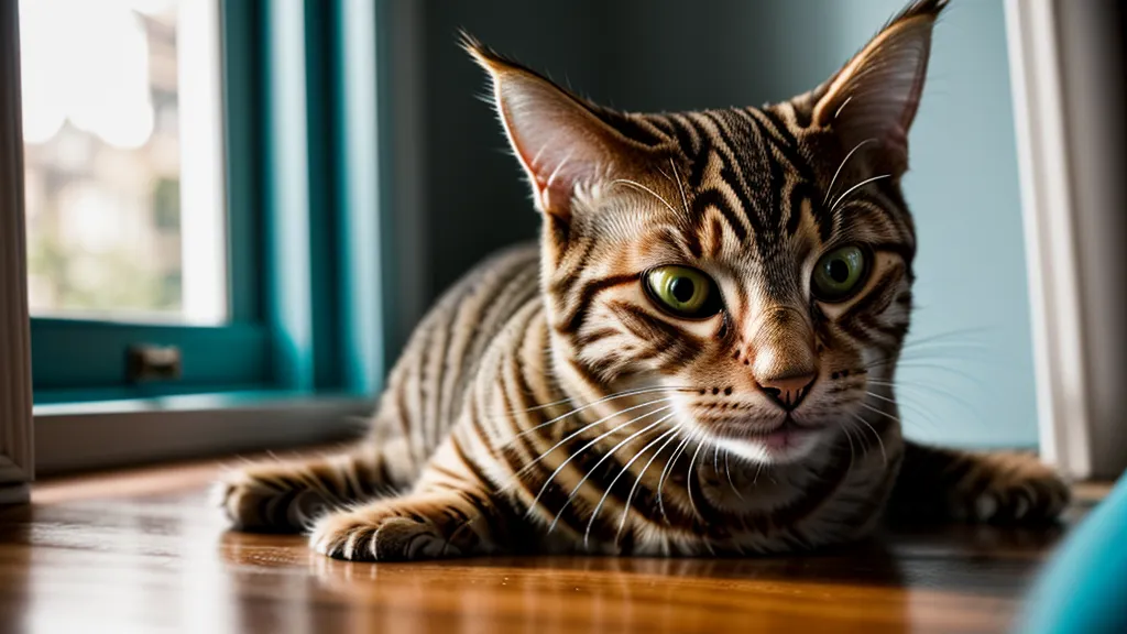 Chat tigré curieux observant un cerceau bleu, premier pas vers l'agility-chat et l'éducation féline