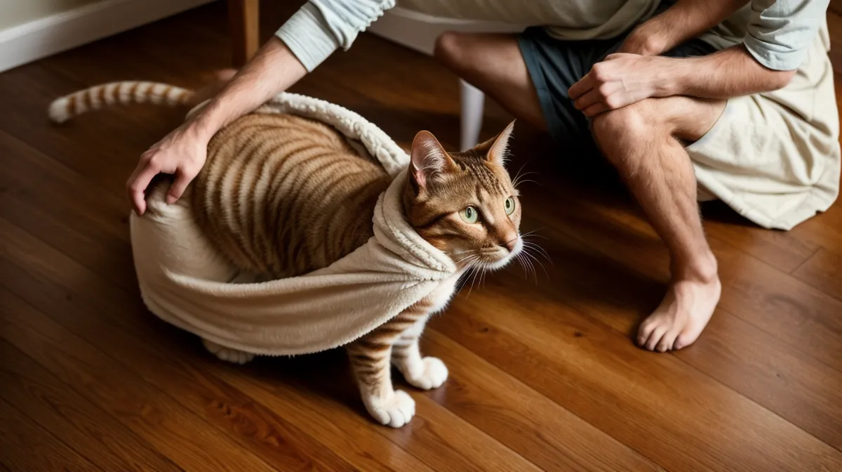 Chat curieux près de sa caisse de transport, première étape de l'éducation positive à la maison