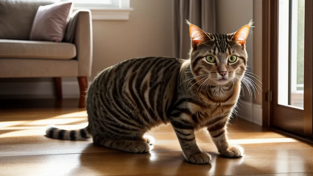 Chat tigré qui observe sa caisse de transport laissée en libre accès dans le salon