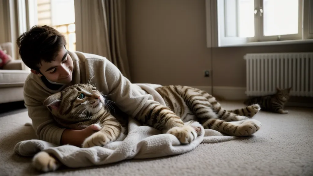 Moment de complicité féline entre un chat détendu et son humain après une séance de jeu