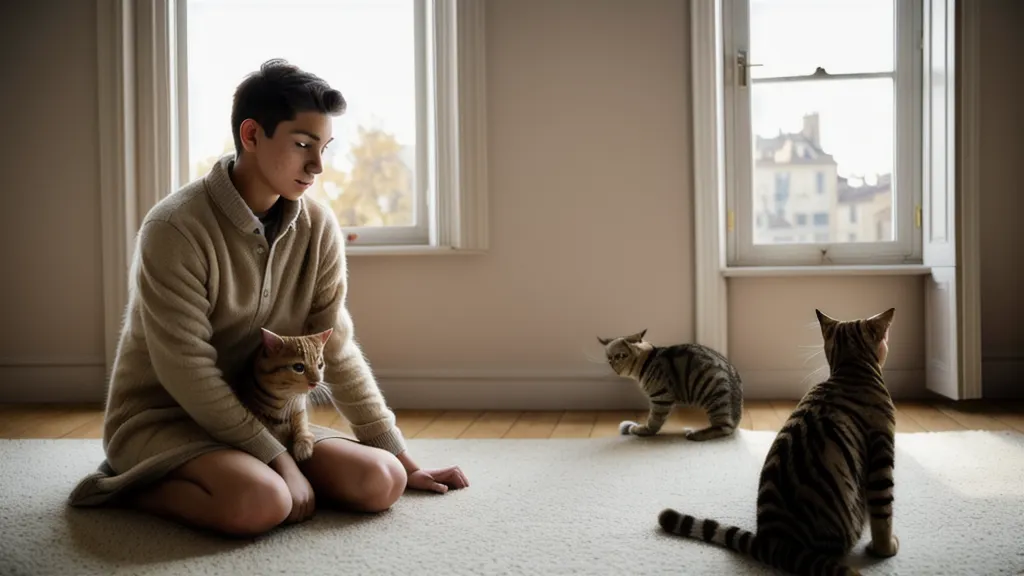 Chat posant sa patte dans la main ouverte de son propriétaire lors d'un exercice de confiance