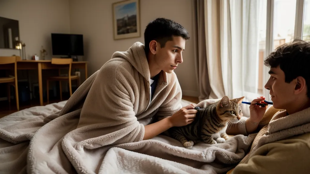 Une brosse pour chat posée sur un meuble en bois à côté de friandises, illustration du toilettage positif
