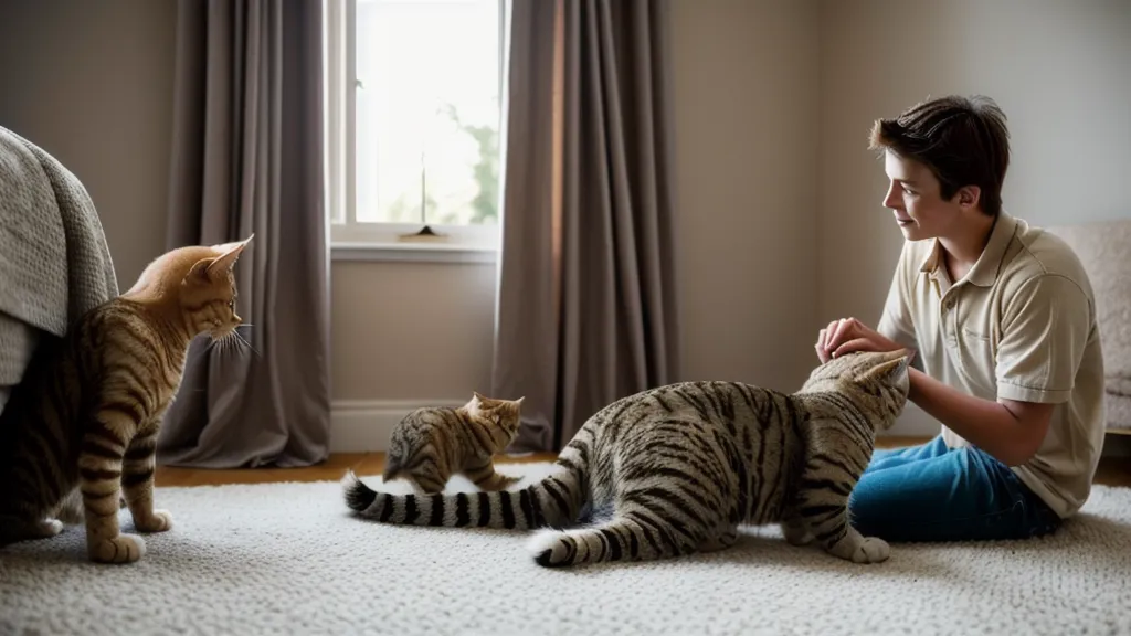 Gros plan sur le pelage d'un chat et une main humaine caressant doucement sa tête, geste de complicité et d'éducation douce