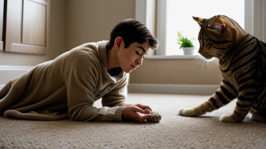 Moment de calme et de complicité entre Nicolas et son chat après une session de jeux de flair et de stimulation mentale.