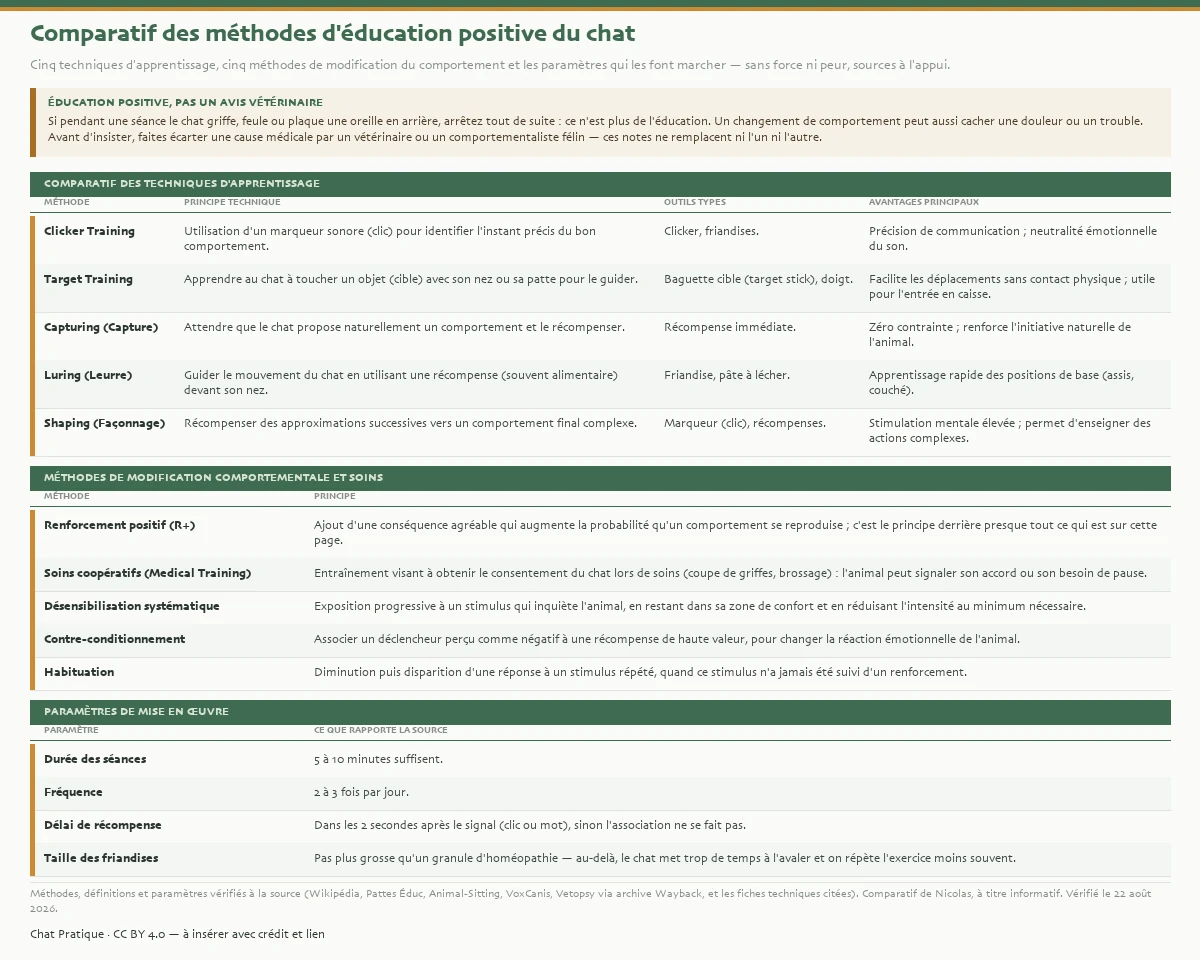 Comparatif des méthodes d'éducation positive du chat : cinq techniques d'apprentissage (clicker training, target training, capturing, luring, shaping) avec leur principe, leurs outils et leurs avantages ; cinq méthodes de modification du comportement et de soins (renforcement positif, soins coopératifs, désensibilisation systématique, contre-conditionnement, habituation) ; et les paramètres de mise en œuvre (séances de 5 à 10 minutes, 2 à 3 fois par jour, récompense dans les 2 secondes, petites friandises). Éducation positive sans force ni peur, mais pas un avis vétérinaire : si le chat griffe, feule ou plaque une oreille en arrière, arrêtez ; un changement de comportement peut cacher une douleur — faites écarter une cause médicale par un vétérinaire ou un comportementaliste félin.